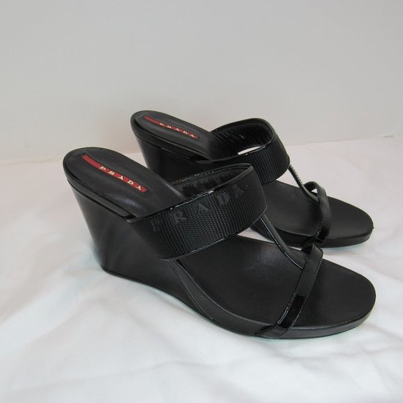 Prada Black T Strap Strappy Wedge Sandals Heels Made in Italy 6.5 US - Picture 1 of 10